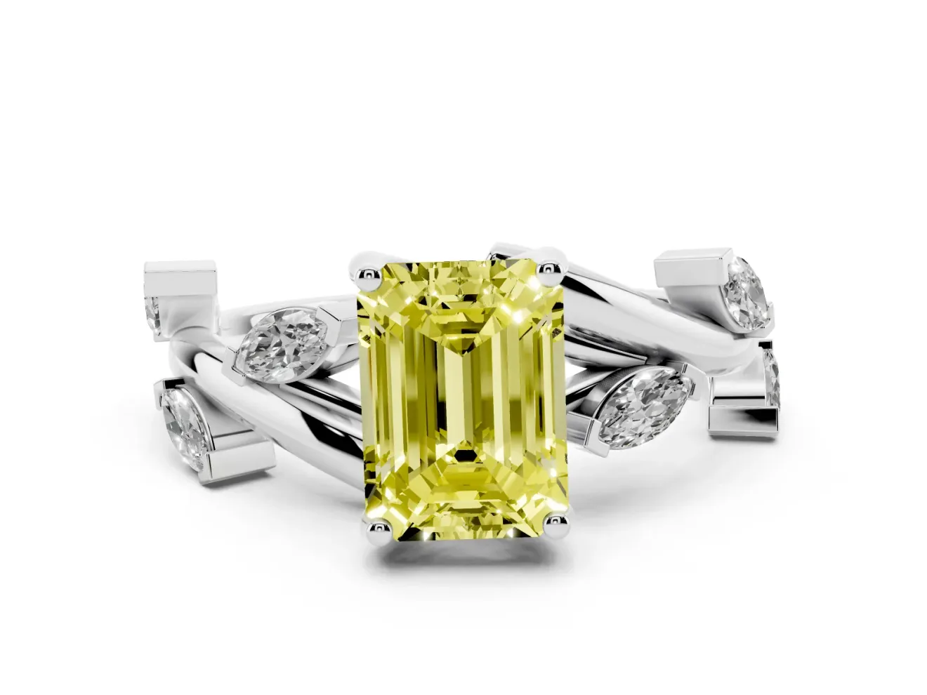 Fancy Yellow Emerald Cut Diamond Solitaire Ring Set in White gold with Twisted Marquise Accent Band