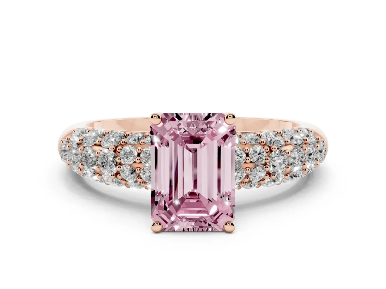 Emerald Cut Multi Row Pave Engagement Ring Setting for a Fancy Pink Lab-Grown Diamond | Rose Gold