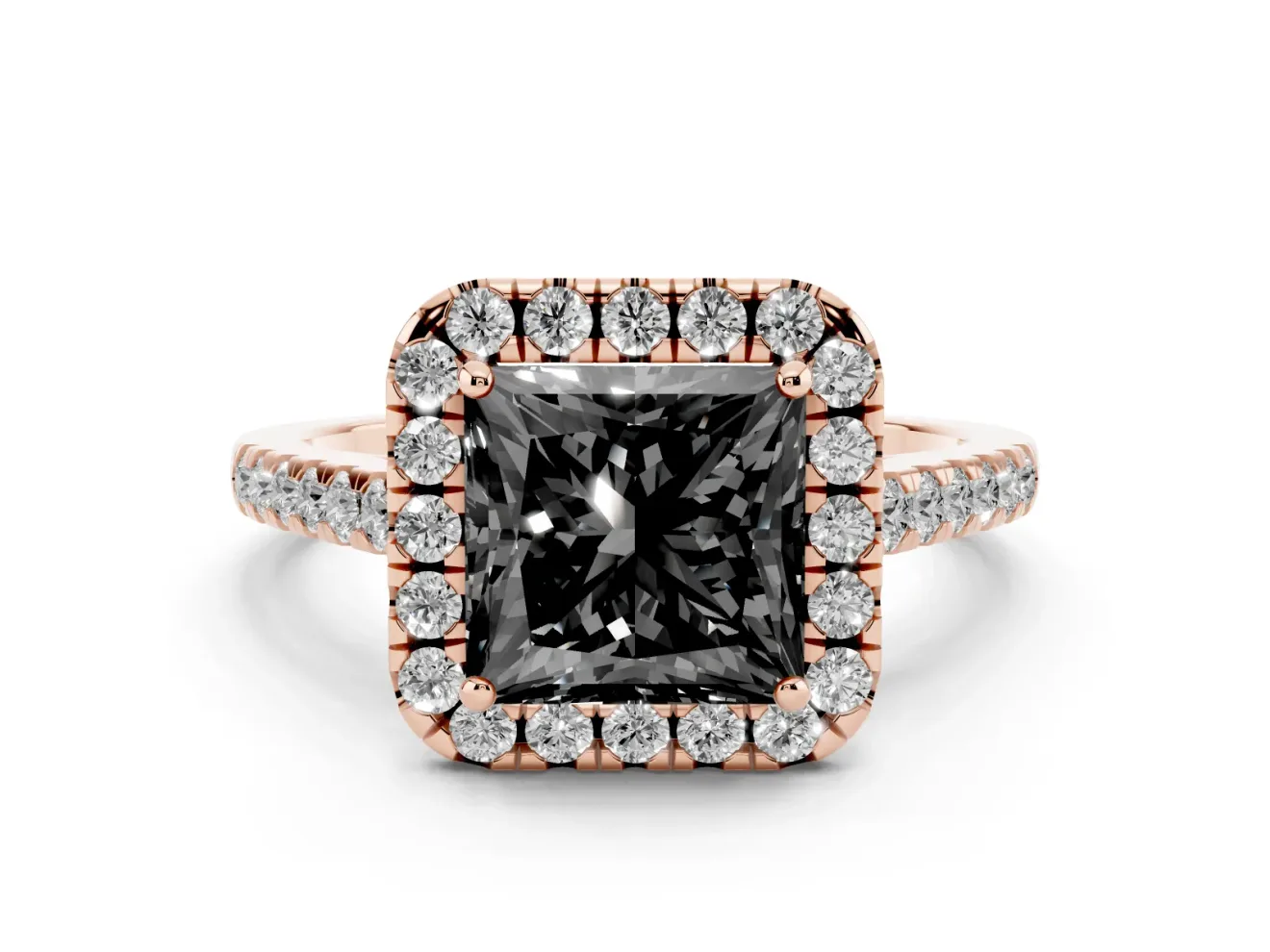 Princess Cut Halo Engagement Ring Setting for a Black Center | Pavé Shoulders | Rose Gold