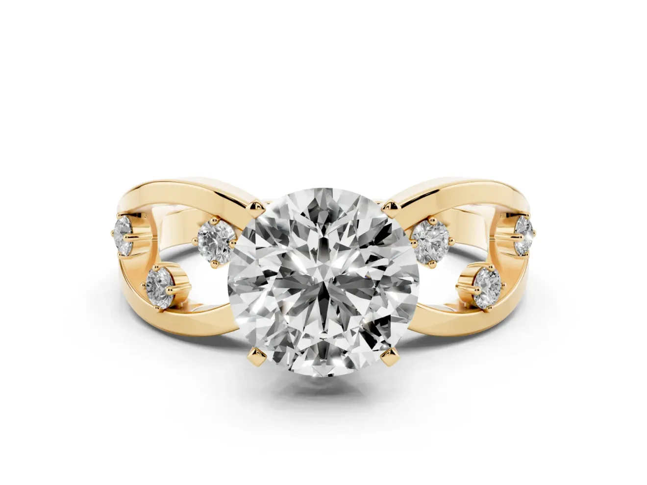 Round Cut Diamond Solitaire Ring Set in Yellow gold with Side Stones on Criss-Cross Band and Prong Setting