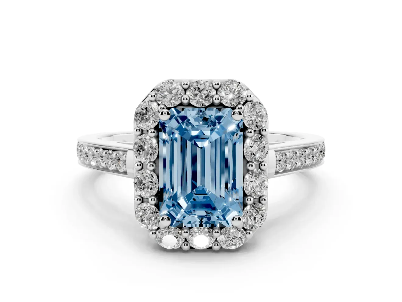 Fancy Blue Emerald Cut Diamond Floral Halo Ring Set in White gold with Pavé Band and Prong Setting