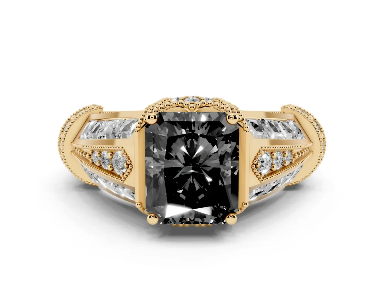 Radiant Cut Vintage Milgrain Engagement Ring Setting for a Black Center | Hidden Halo | Yellow Gold