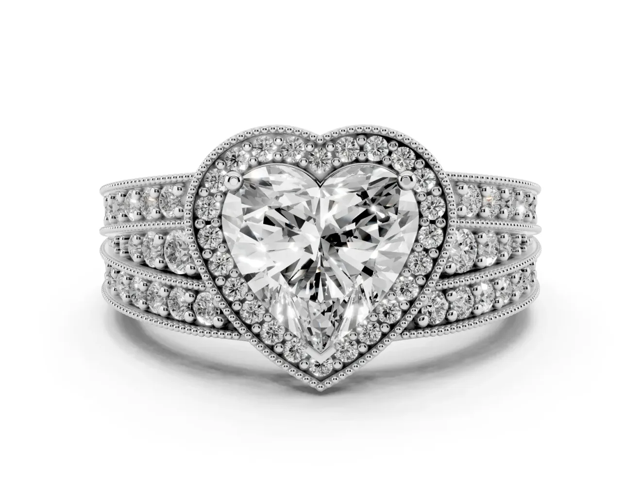 Heart Cut Diamond Halo Ring Set in Silver with Accent Split Shank and Prong Setting