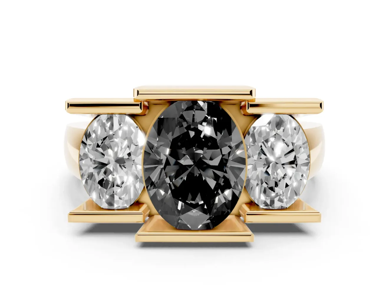Oval Channel-Set Three Stone Engagement Ring Setting for a Black Center | Yellow Gold