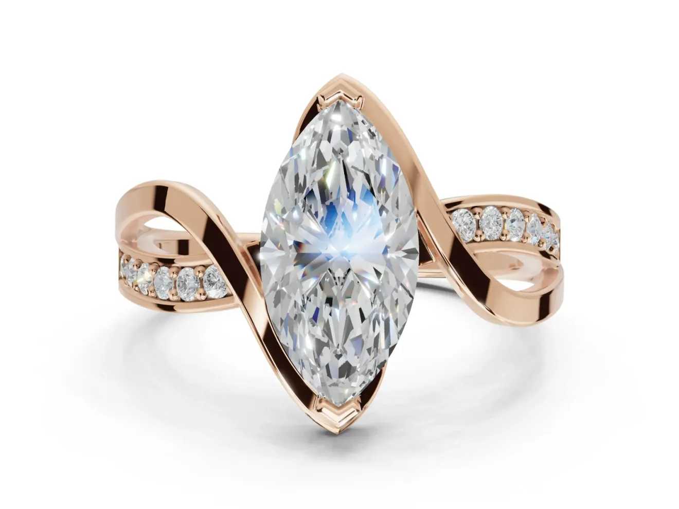 Marquise Bypass Solitaire Engagement Ring Setting | Pavé and Plain Strands | Rose Gold