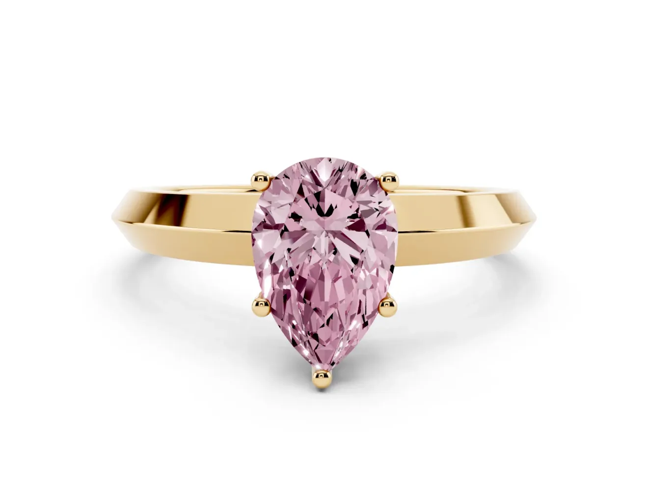 Fancy Pink Pear Cut Diamond Solitaire Engagement Ring Set in Yellow gold with Flat Band and Prong Setting