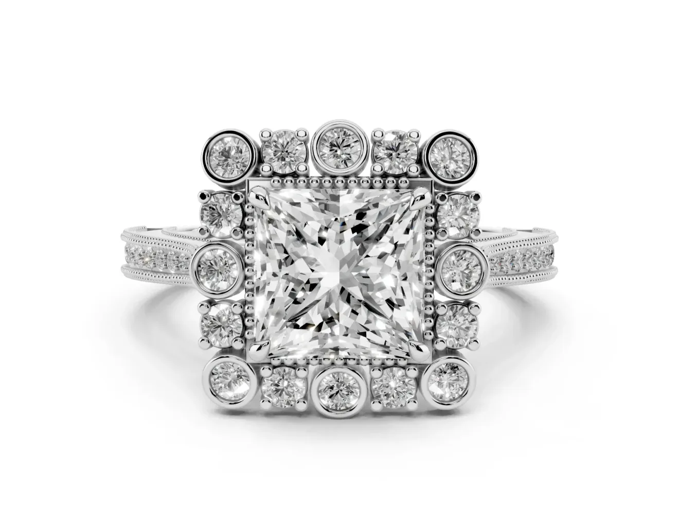 Princess Cut Diamond Halo Milgrain Pavé Ring Set in Silver with Prong Setting