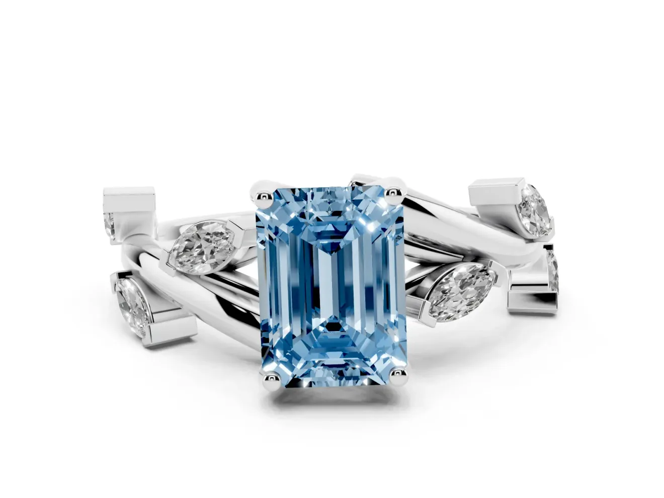 Emerald Cut Twisted Vine Engagement Ring Setting for a Fancy Blue Lab-Grown Diamond | White Gold