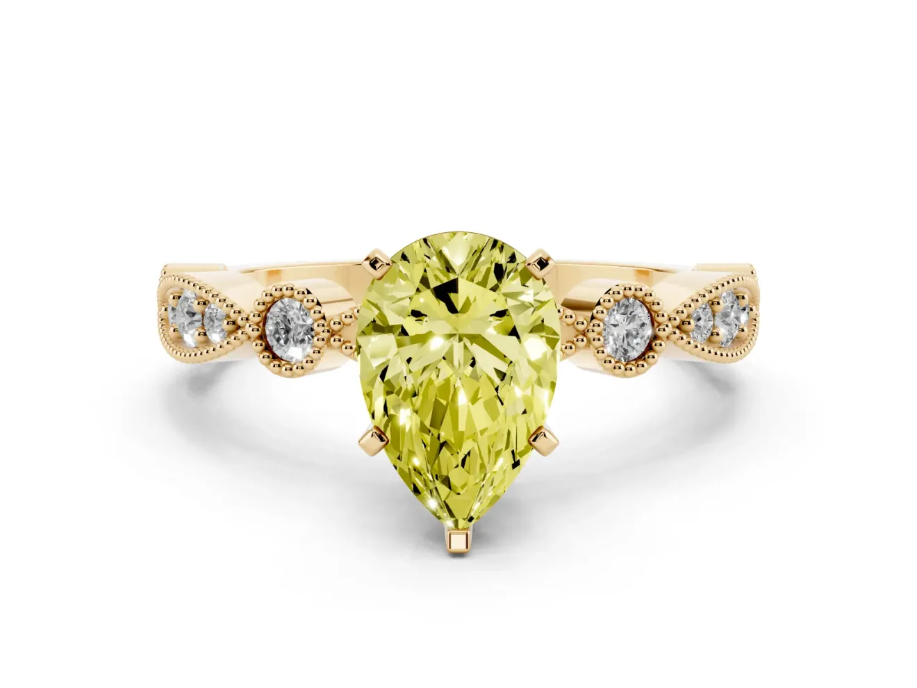 Pear-Shaped Vintage Milgrain Engagement Ring Setting for a Fancy Yellow Lab-Grown Diamond | Bezel Accents | Yellow Gold