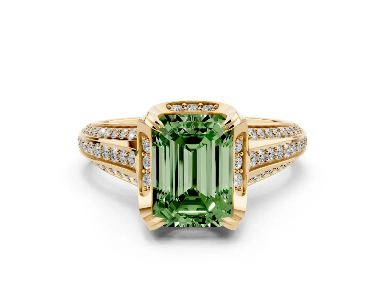 Emerald Cut Hidden Halo Engagement Ring Setting for a Fancy Green Lab-Grown Diamond | Triple Row Pavé Band | Yellow Gold