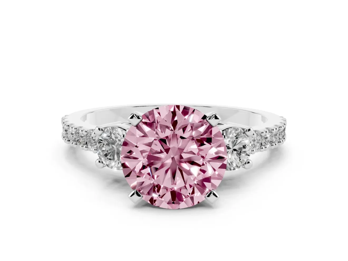 Fancy Pink Three-Stone Round Cut Diamond Pavé Band Ring Set in White gold with Prong Setting