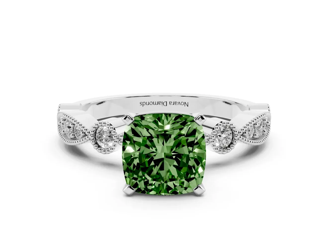 Cushion Cut Vintage Milgrain Engagement Ring Setting for a Fancy Green Lab-Grown Diamond | Platinum