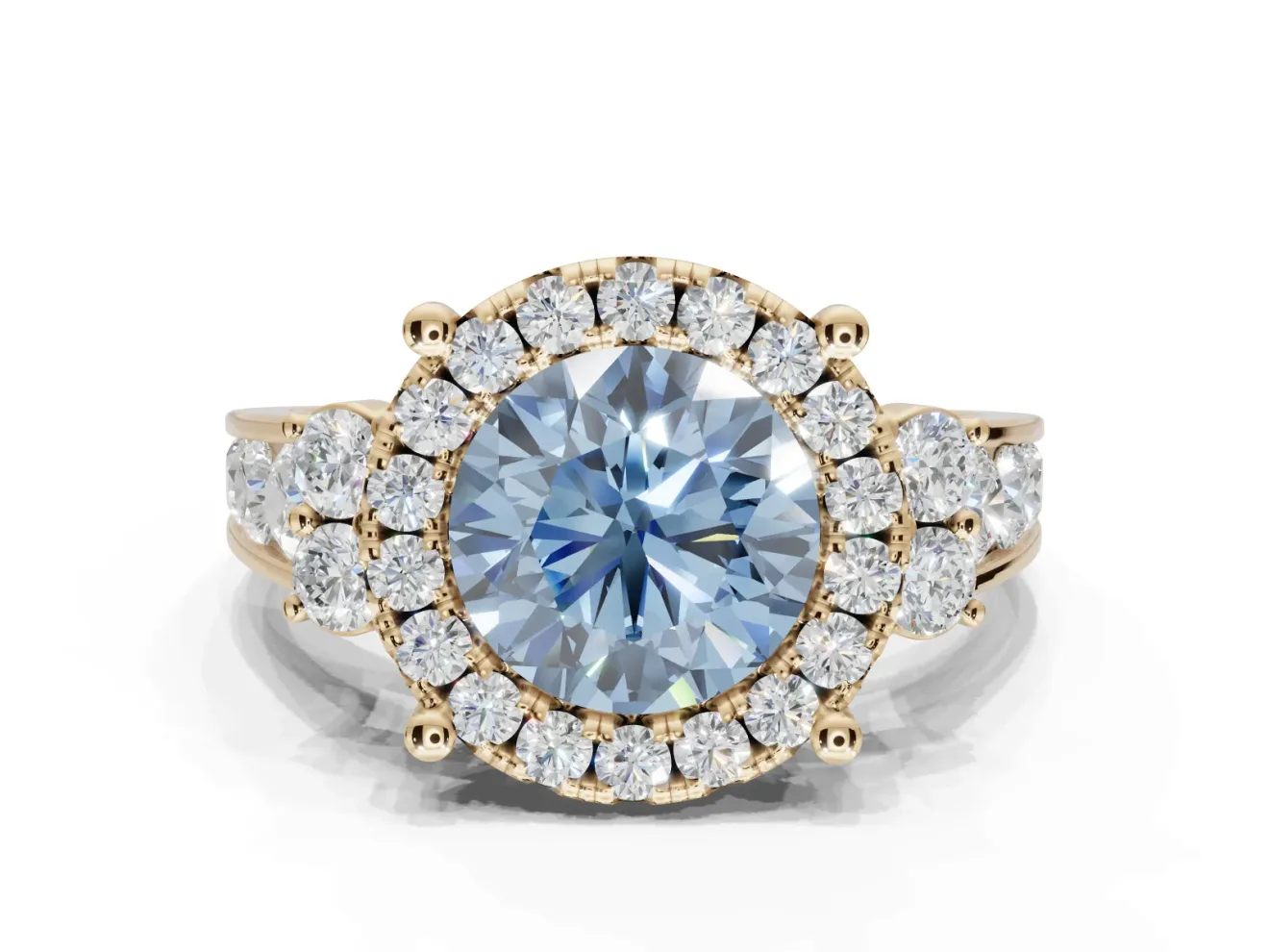 Round Halo Engagement Ring Setting for a Fancy Blue Lab-Grown Diamond | Side Clusters | Yellow Gold