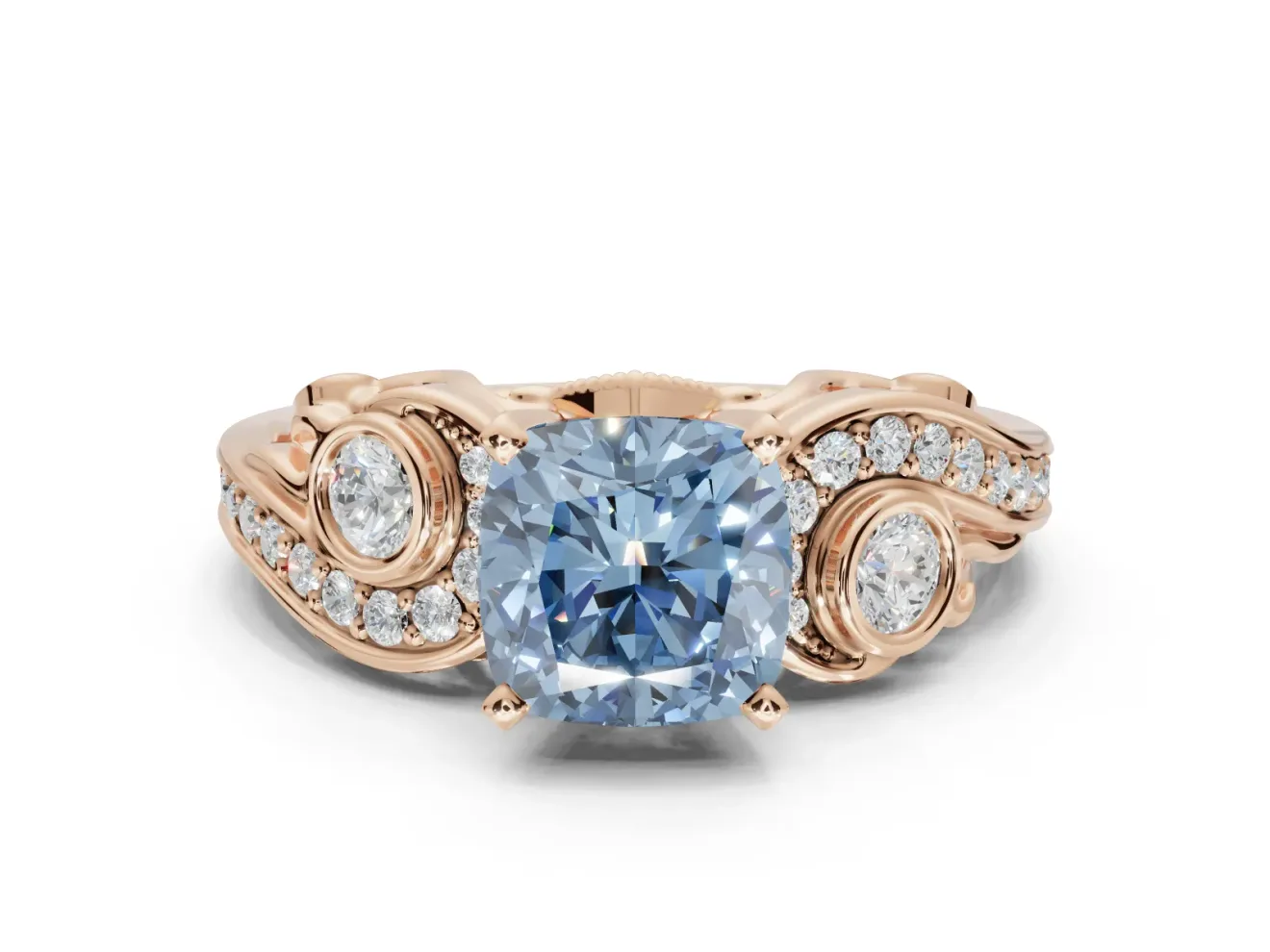 Cushion Cut Swirl Engagement Ring Setting for a Fancy Blue Lab-Grown Diamond | Rose Gold