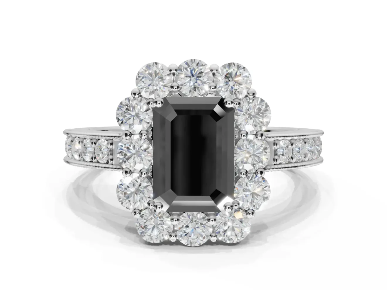 Fancy Black Emerald Cut Lab-Grown Diamond Halo Pavé Engagement Ring Set in Platinum with Milgrain Detailing