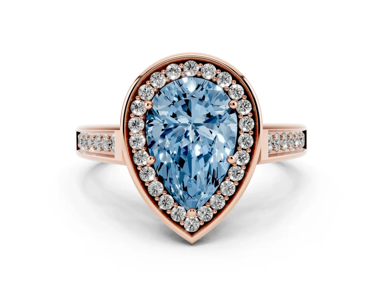 Fancy Blue Pear Cut Diamond Halo Solitaire Ring Set in Rose gold with Pavé Band and Bezel Setting