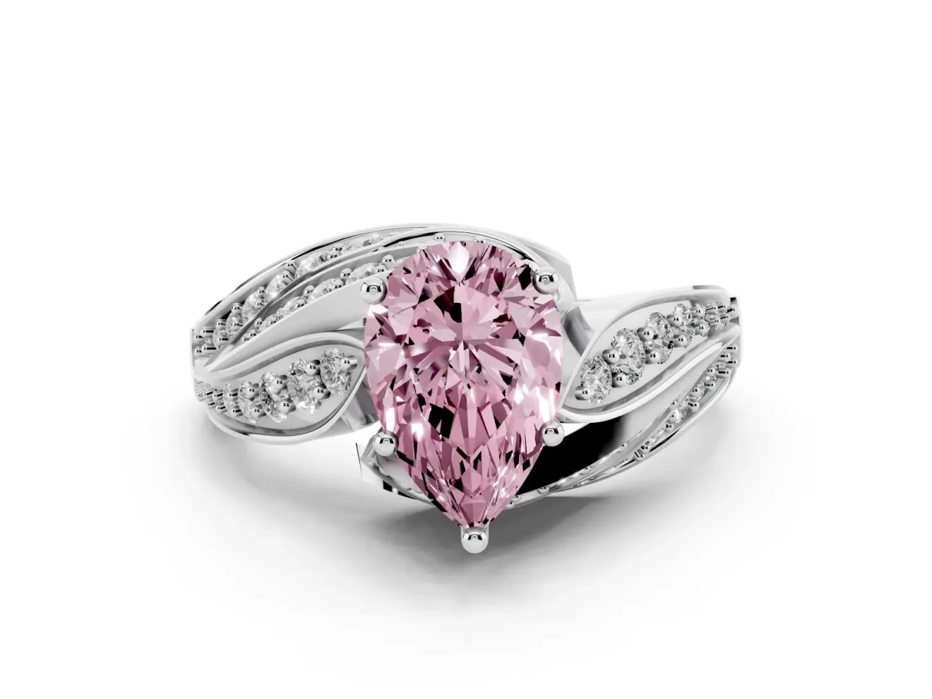 Fancy Pink Pear Cut Diamond Solitaire Ring Set in Silver with Layered Twist Pavé Band