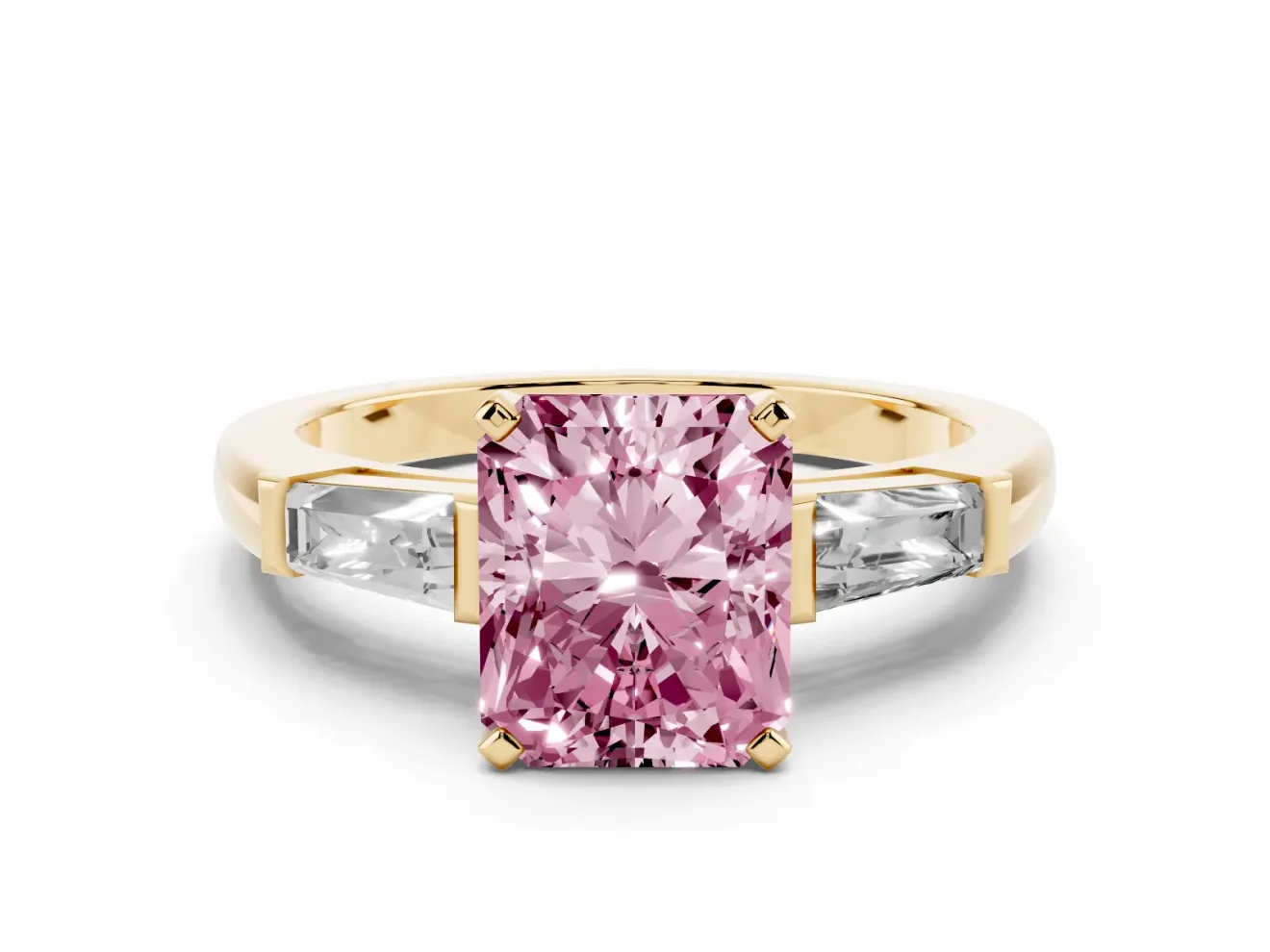 Fancy Pink Radiant Cut Diamond Solitaire Ring Set in Yellow gold with Tapered Baguette Side Stones and Prong Setting
