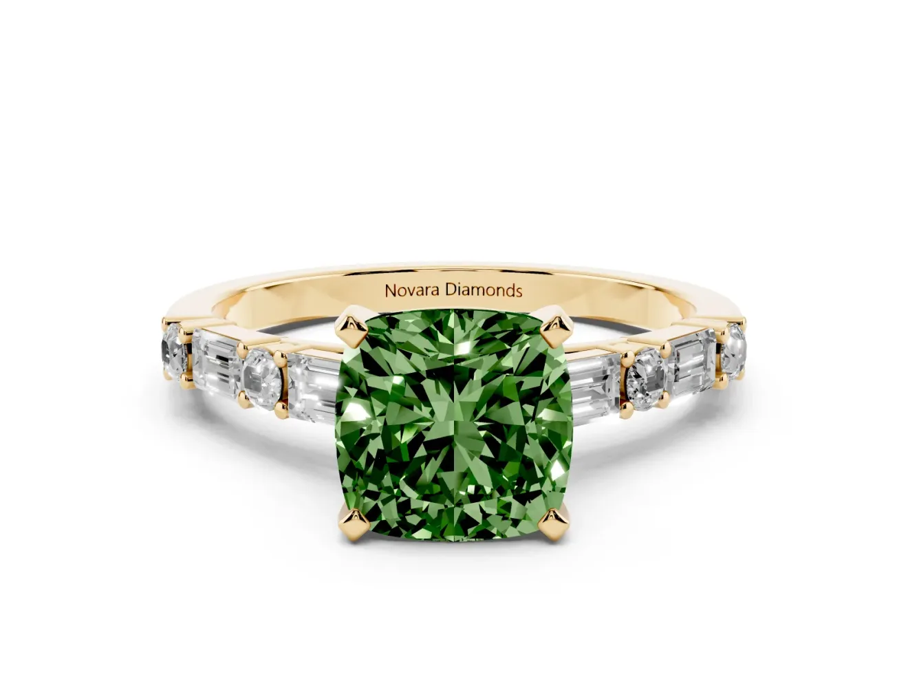 Fancy Green Cushion Cut Diamond Solitaire Set in Yellow gold with Side Baguettes and Channel Set Band