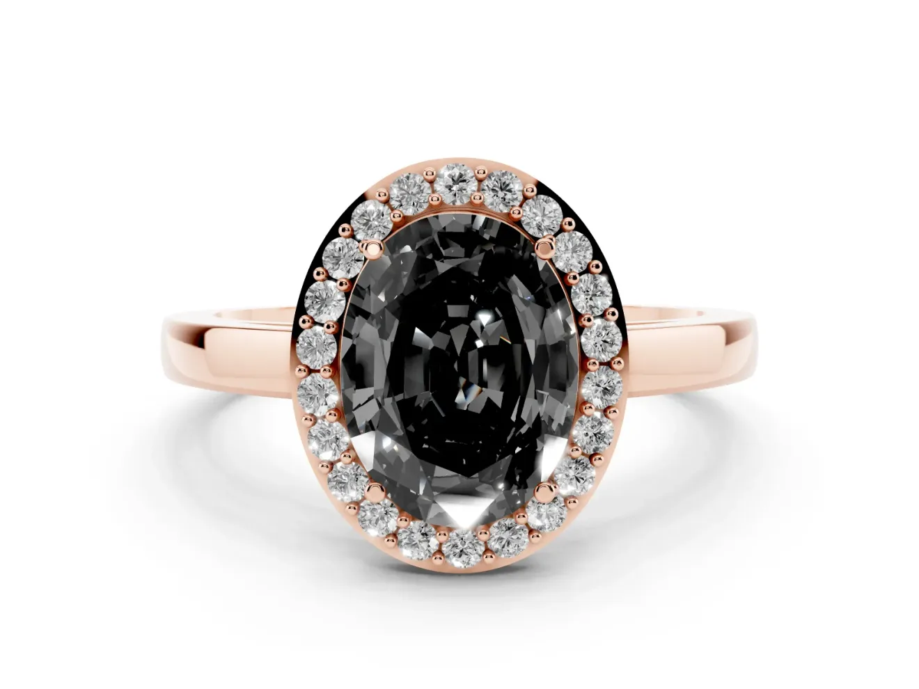 Fancy Black Oval Cut Diamond Halo Ring Set in Rose gold with Solitaire Band and Prong Setting