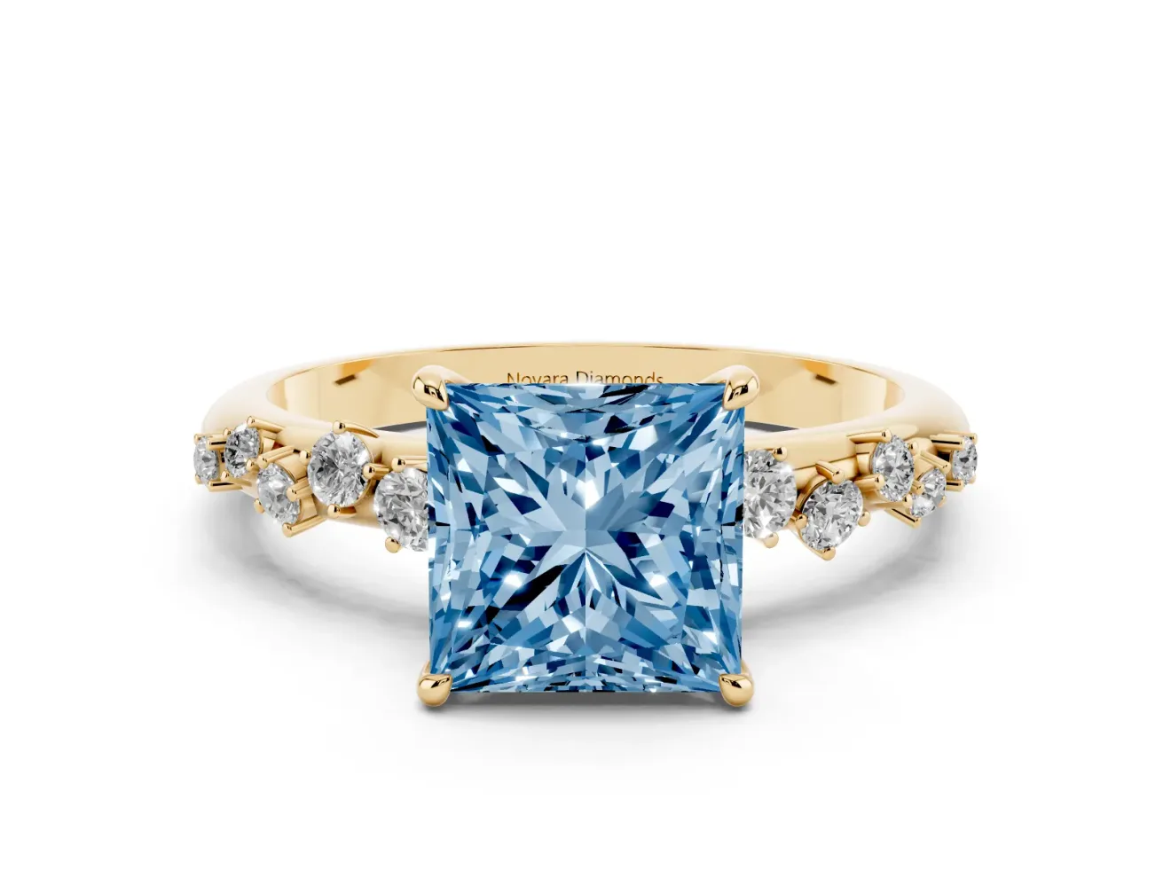 Fancy Blue Princess Cut Diamond Cluster Solitaire Ring Set in Yellow gold with Prong Setting