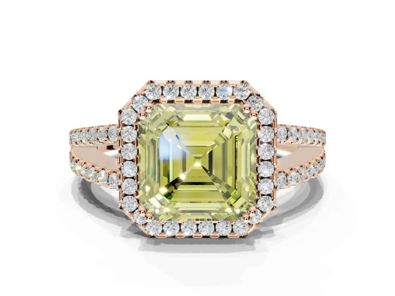 Asscher Cut Halo Split Shank Engagement Ring Setting for a Fancy Yellow Lab-Grown Diamond | Pavé Shoulders | Rose Gold