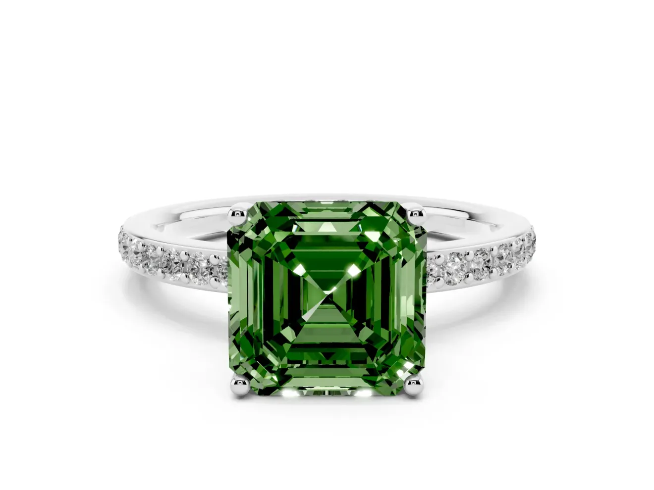 Fancy Green Asscher Cut Diamond Pavé Band Ring Set in White gold with Prong-Set Center Stone