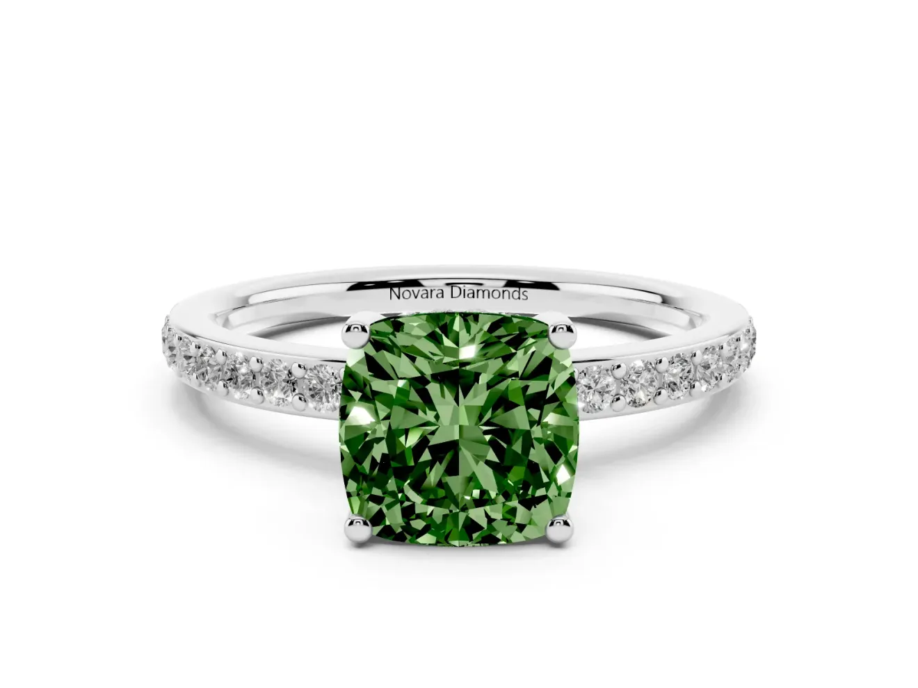 Fancy Green Cushion Cut Diamond Pavé Band Ring Set in White gold with Prong-Set Center Stone