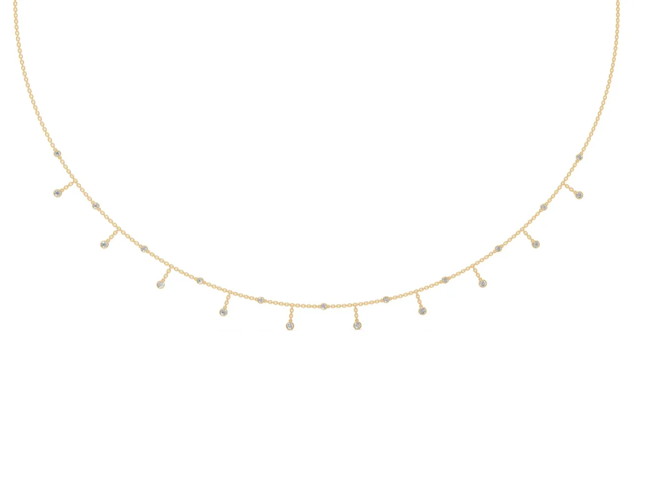 Round Lab-Grown Diamond Bezel Dangle Station Necklace | Cable Chain | Yellow Gold