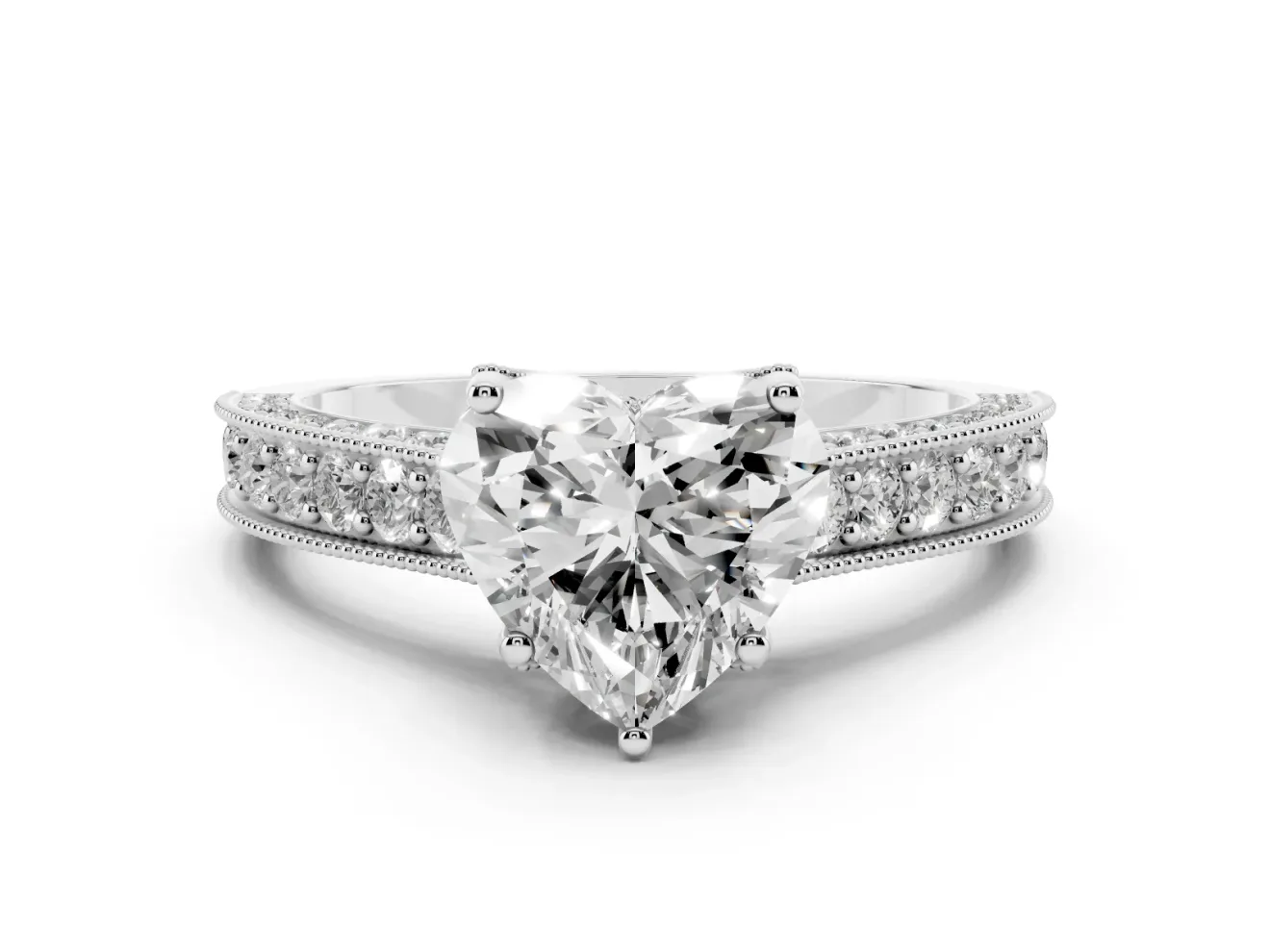 Heart-Shaped Vintage Hidden Halo Engagement Ring Setting | Milgrain Pave Band | White Gold