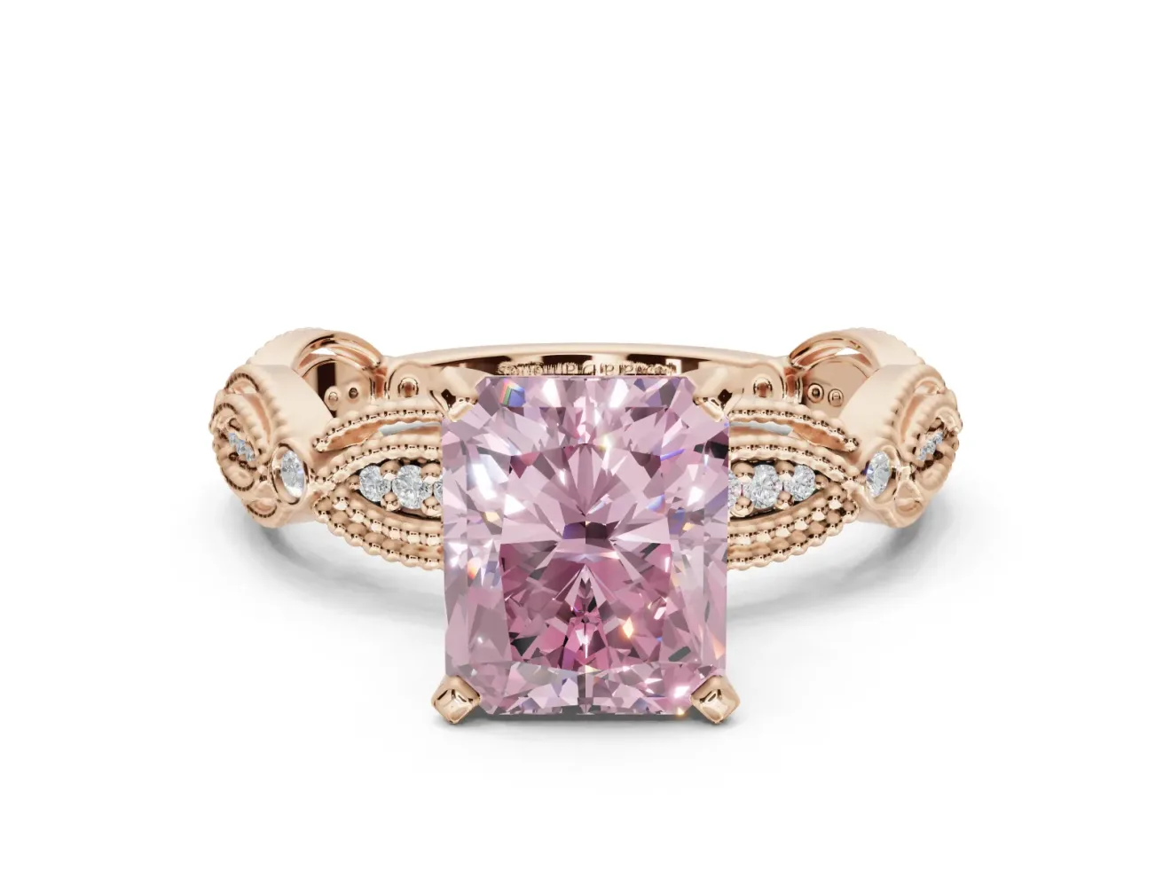 Radiant Cut Vintage Milgrain Engagement Ring Setting for a Fancy Pink Lab-Grown Diamond | Graduated Stations | Rose Gold