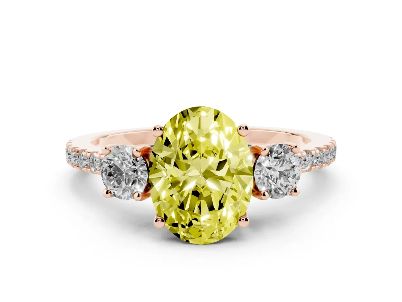 Fancy Yellow Oval Cut Diamond Three-Stone Ring Set in Rose gold with Pavé Band and Graduated Sides