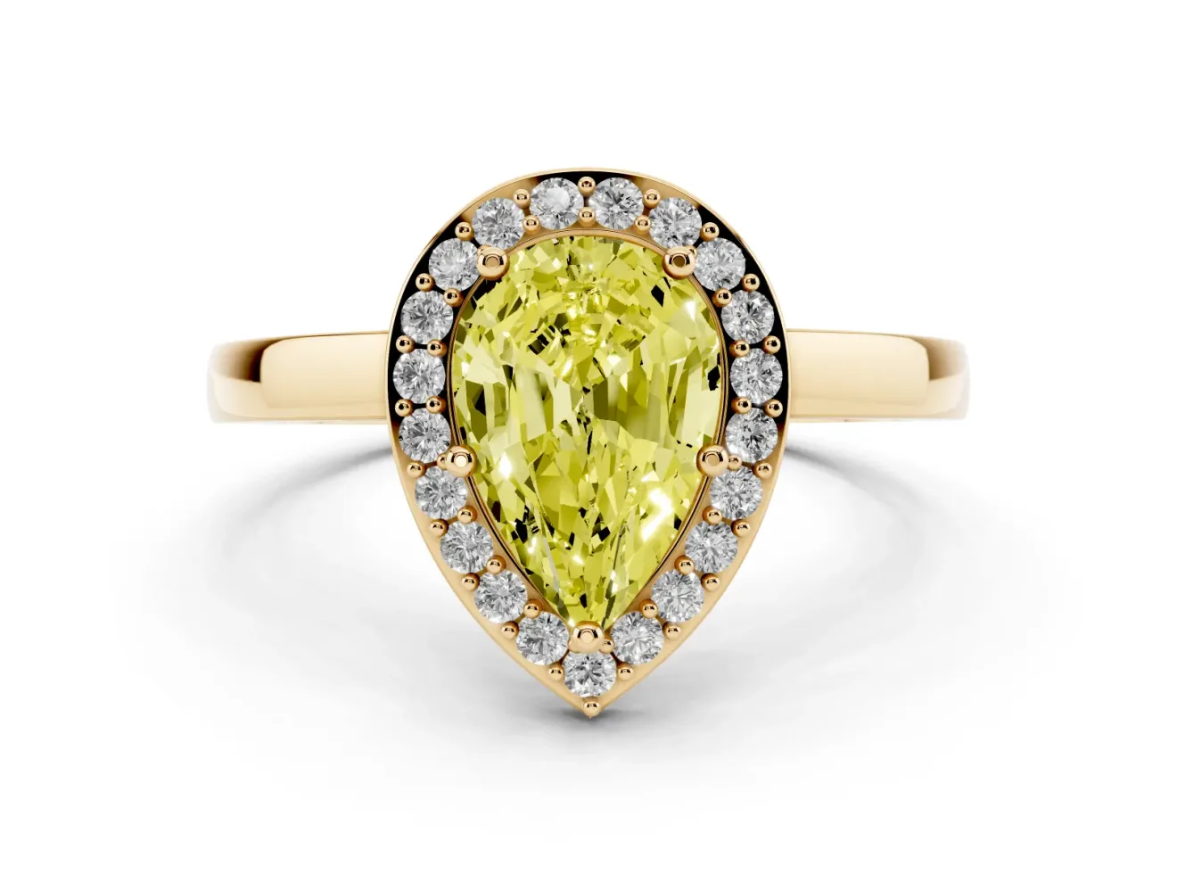 Fancy Yellow Pear Cut Diamond Halo Ring Set in Yellow gold with Solitaire Band and Prong Setting