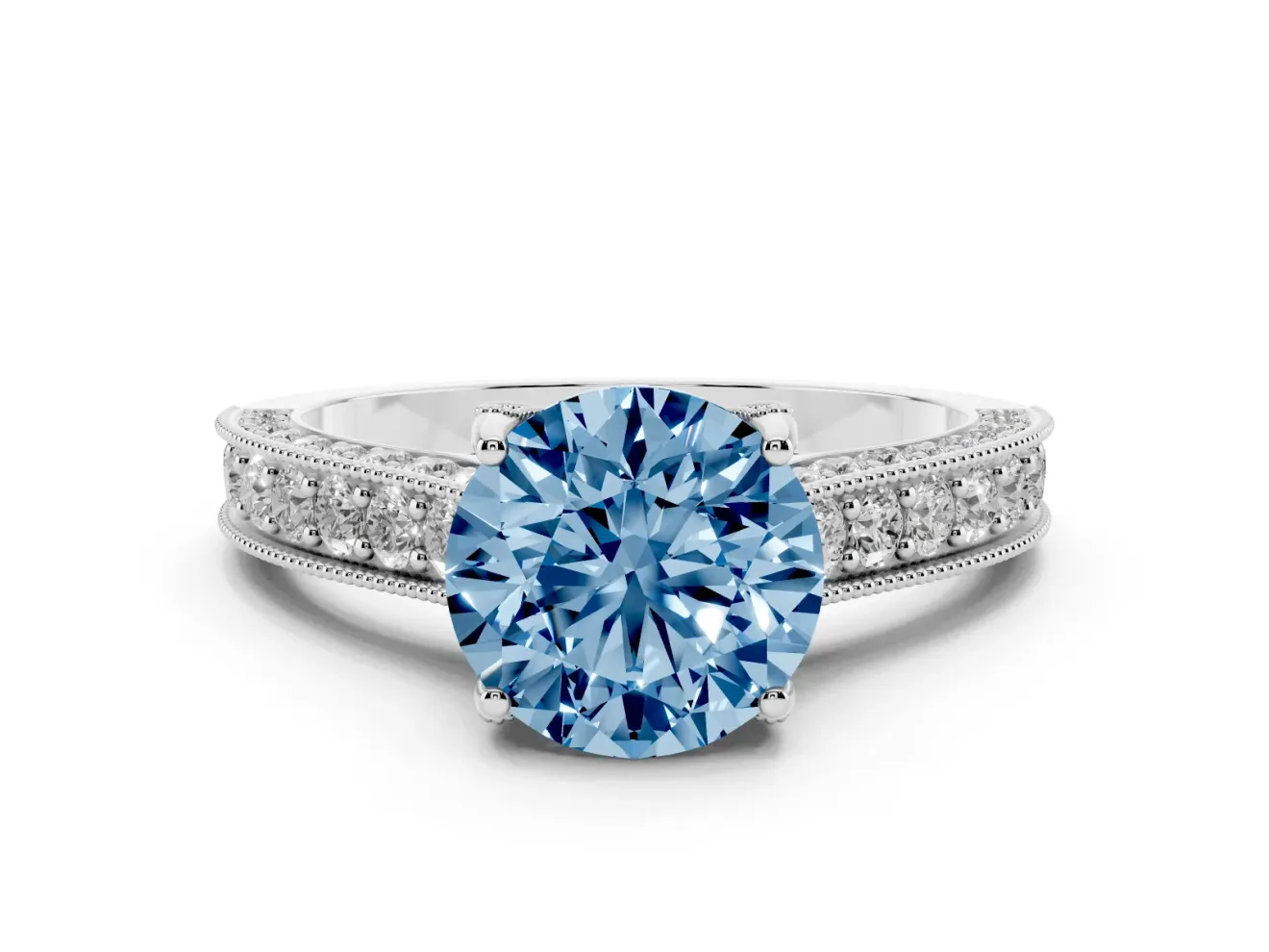 Round Hidden Halo Engagement Ring Setting for a Fancy Blue Lab-Grown Diamond | Milgrain Pave | Sterling Silver
