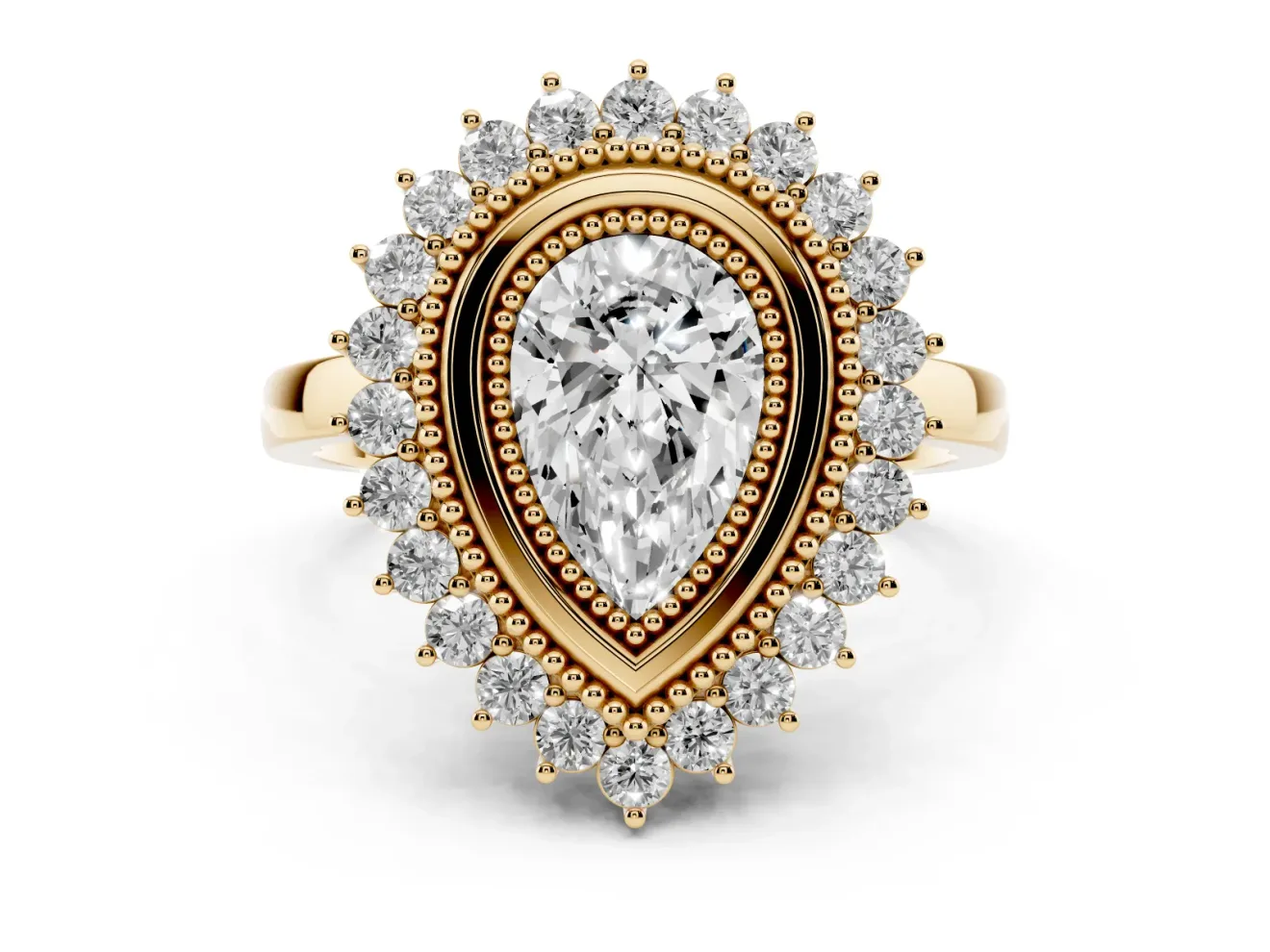 Pear-Shaped Vintage Milgrain Bezel Halo Engagement Ring Setting | Sunburst Halo | Yellow Gold