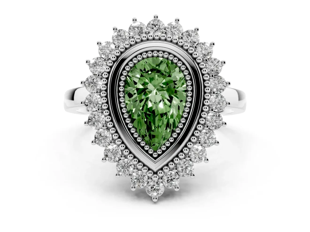Fancy Green Pear Cut Diamond Halo Ring Set in Silver with Milgrain Edge and Round Prong Setting