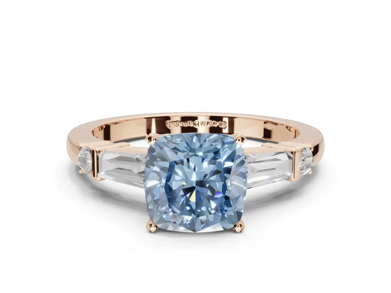 Cushion Cut Tapered Baguette Engagement Ring Setting for a Fancy Blue Lab-Grown Diamond | Rose Gold