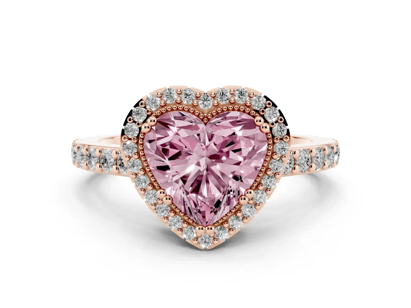 Fancy Pink Heart Cut Diamond Halo Engagement Ring Set in Rose gold with Milgrain Detail and Pavé Band