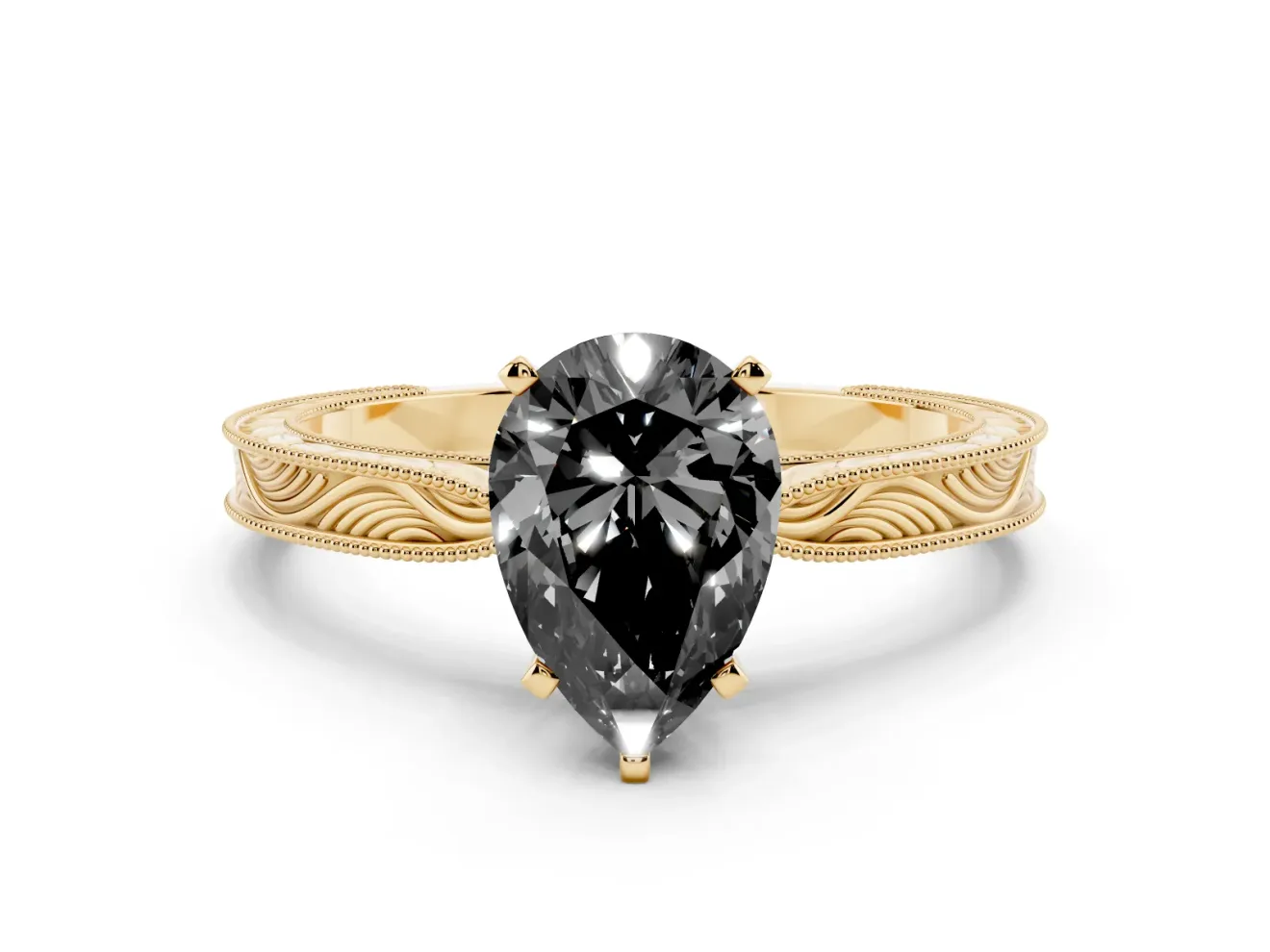 Fancy Black Pear Cut Diamond Solitaire Milgrain Engraved Band Set in Yellow gold with Prong Setting