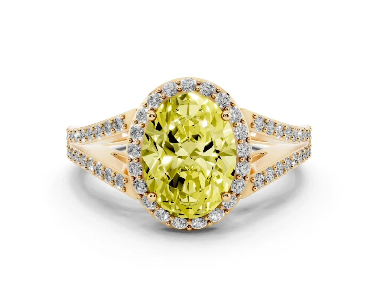 Oval Split Shank Halo Engagement Ring Setting for a Fancy Yellow Lab-Grown Diamond | Yellow Gold