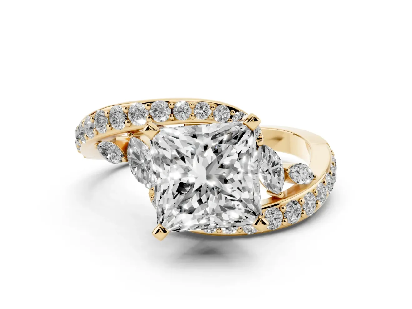 Princess Cut Bypass Pavé Engagement Ring Setting | Marquise Accents | Yellow Gold
