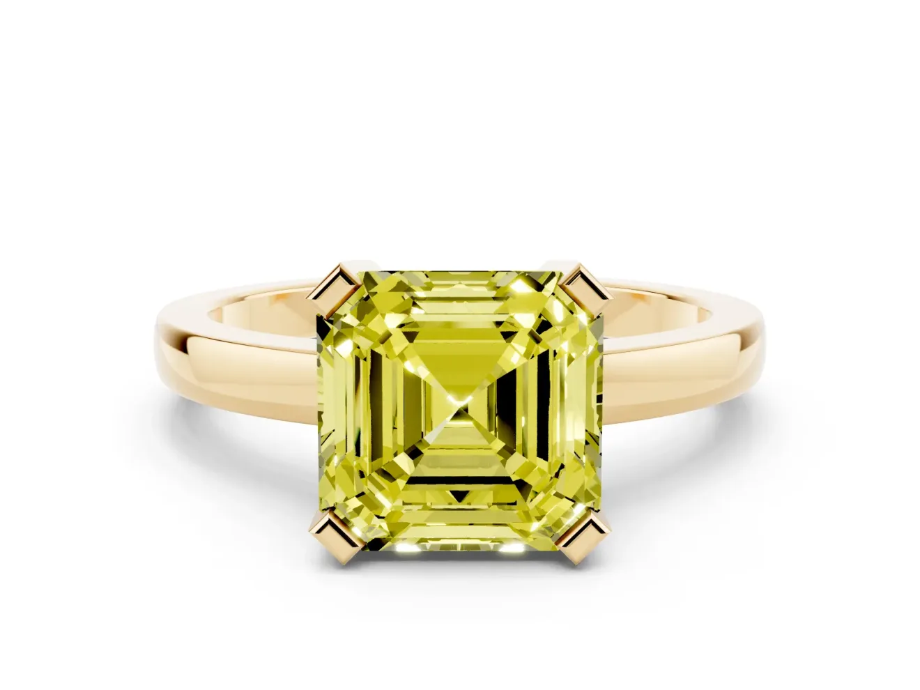 Fancy Yellow Asscher Cut Diamond Solitaire Ring Set in Yellow gold with Prong Head and Smooth Polished Band