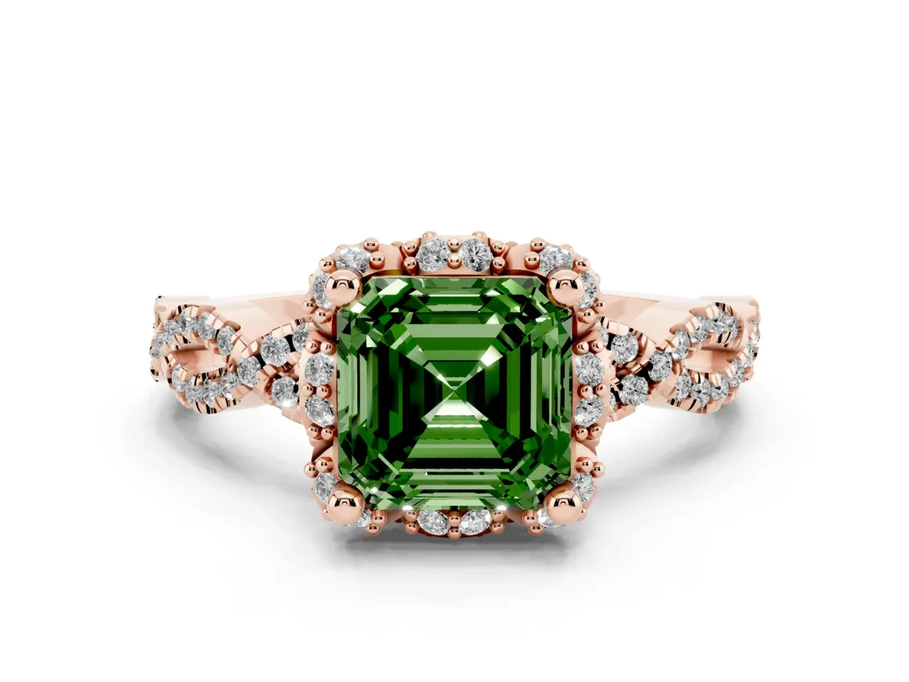 Fancy Green Asscher Cut Diamond Halo Twist Band Solitaire Ring Set in Rose gold with Prong-Set Center Stone