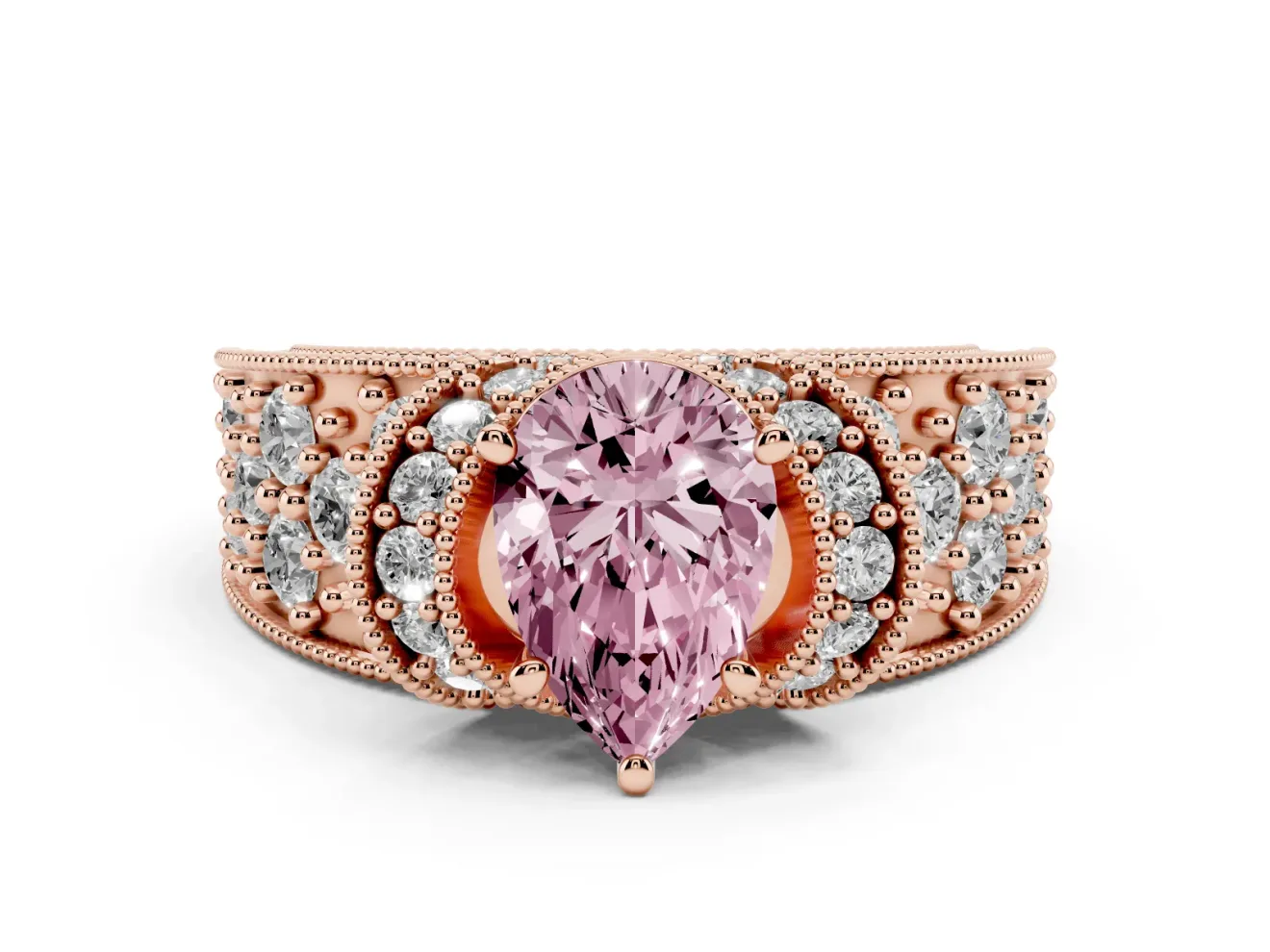 Pear-Shaped Vintage Pave Engagement Ring Setting for a Fancy Pink Lab-Grown Diamond | Milgrain Edges | Rose Gold