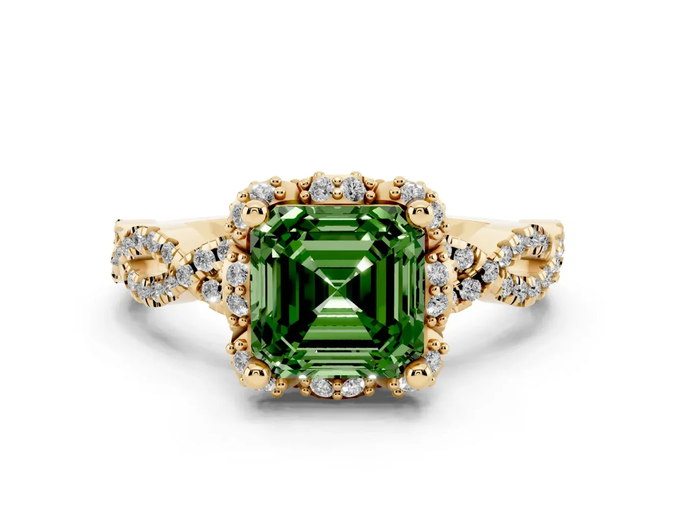 Asscher Cut Graduated Milgrain Halo Engagement Ring Setting for a Fancy Green Lab-Grown Diamond | Yellow Gold