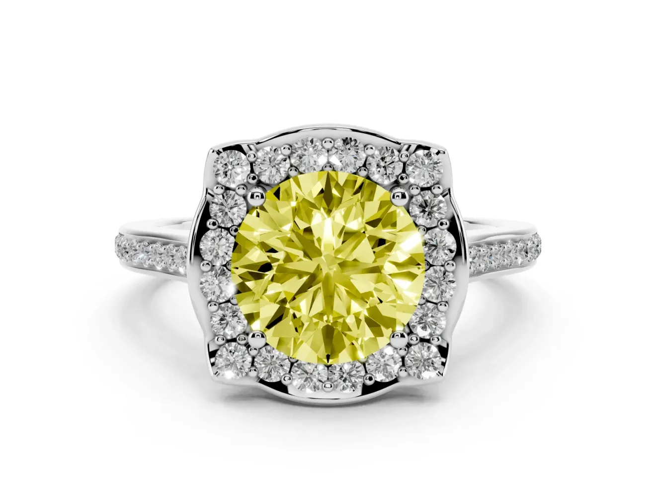 Round Halo Engagement Ring Setting for a Fancy Yellow Lab-Grown Diamond | Petal Tips | White Gold