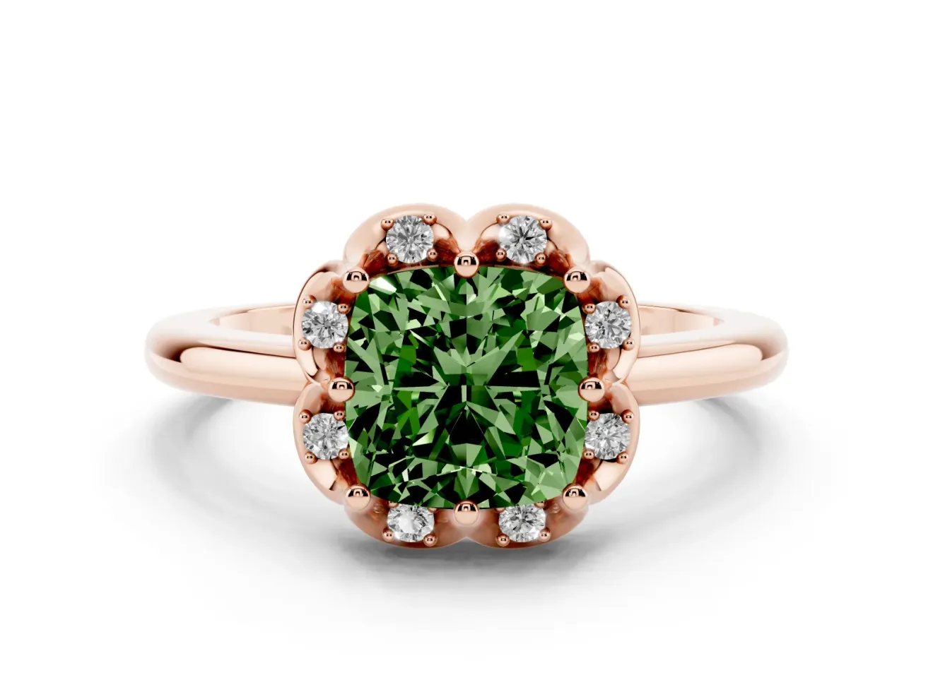 Cushion Cut Petal Halo Engagement Ring Setting for a Fancy Green Lab-Grown Diamond | Rose Gold
