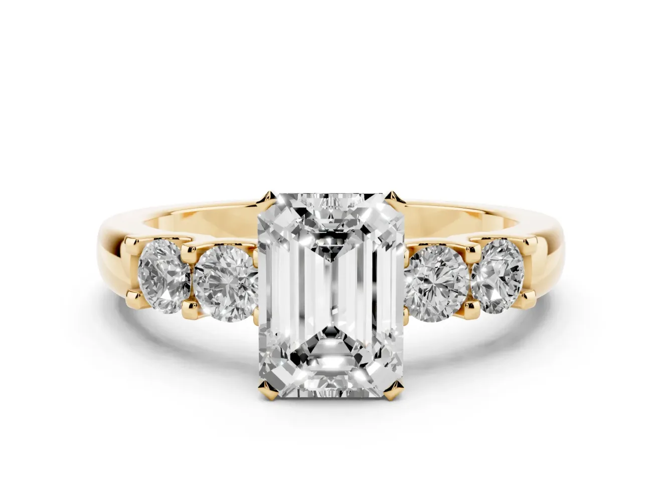 Emerald Cut Five Stone Engagement Ring Setting | Prong-Set Side Stones | Yellow Gold