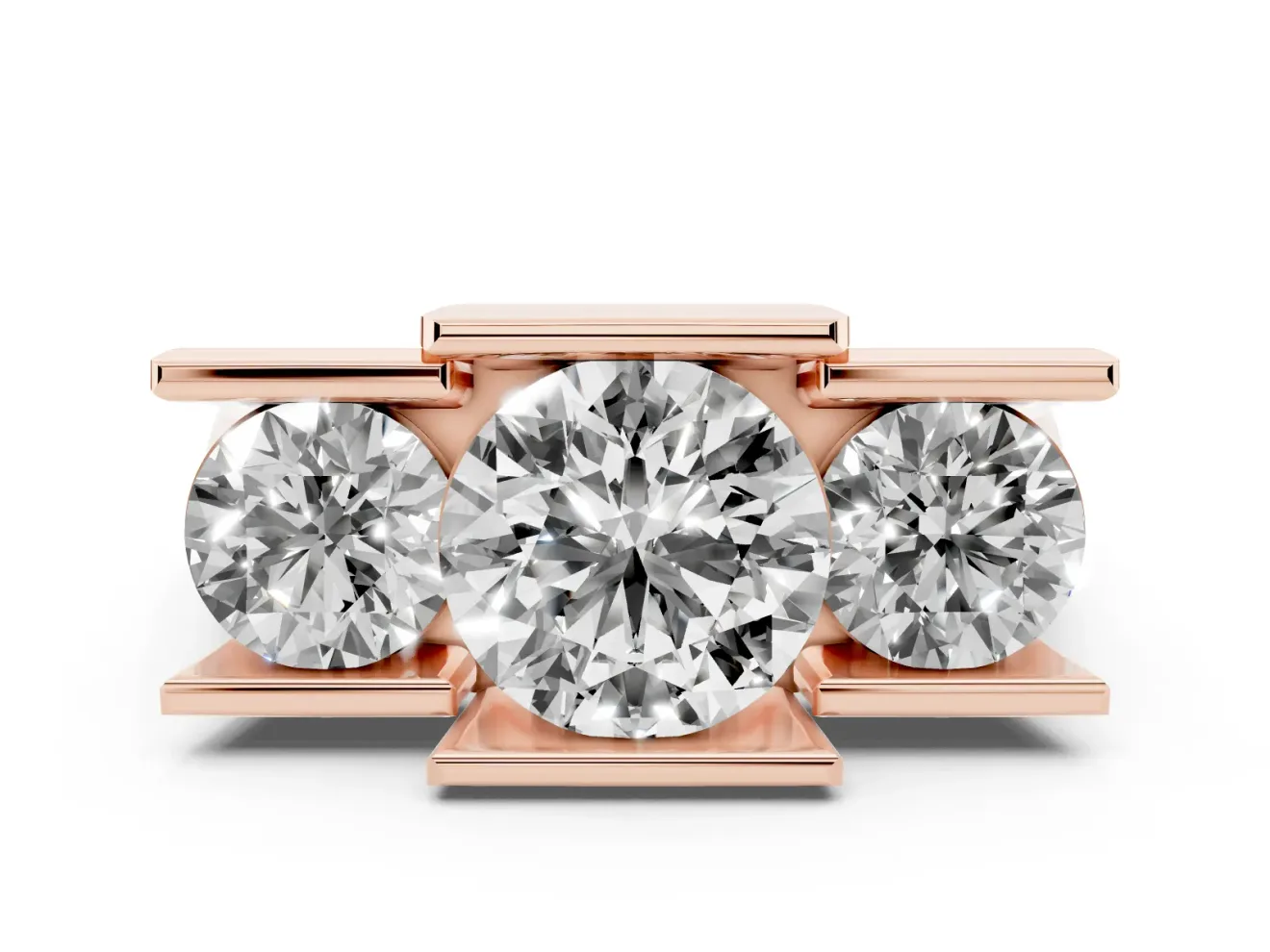 Round Cut Diamond Three-Stone Channel Set Ring Set in Rose gold with Smooth Polished Band