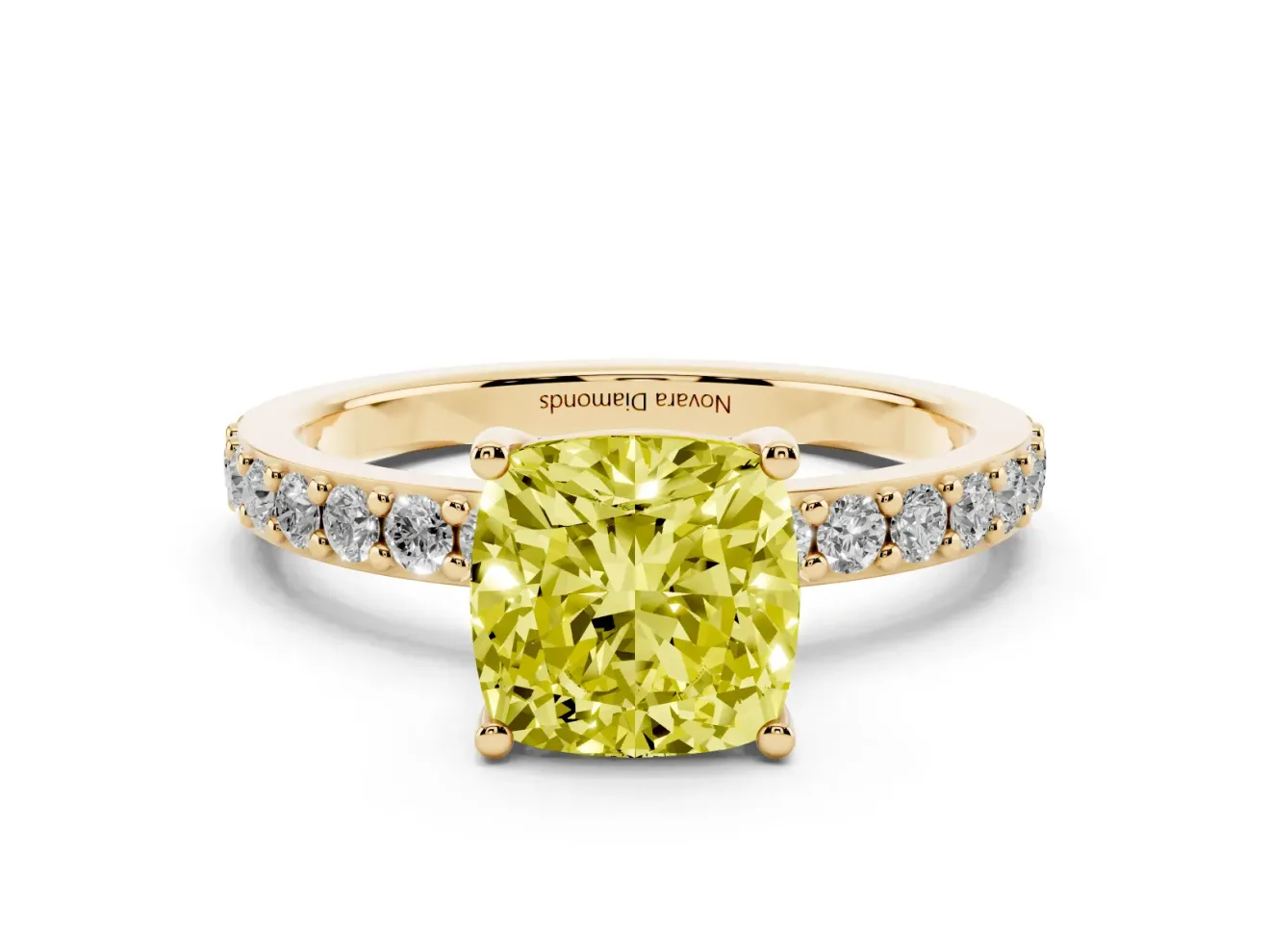 Fancy Yellow Cushion Cut Diamond Solitaire Set in Yellow gold with Round Pavé Band and Prong Setting
